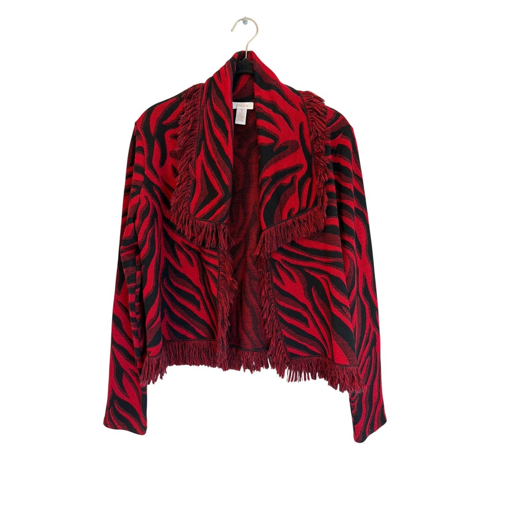 Chicos Red Black Zebra Print Fringe Trim Open Front Cardigan Wool Blend Sz 1 M